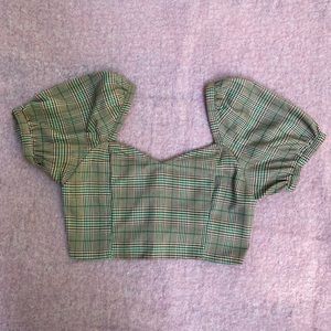 Samantha Pleet Plaid Puff-Sleeve Crop Top
